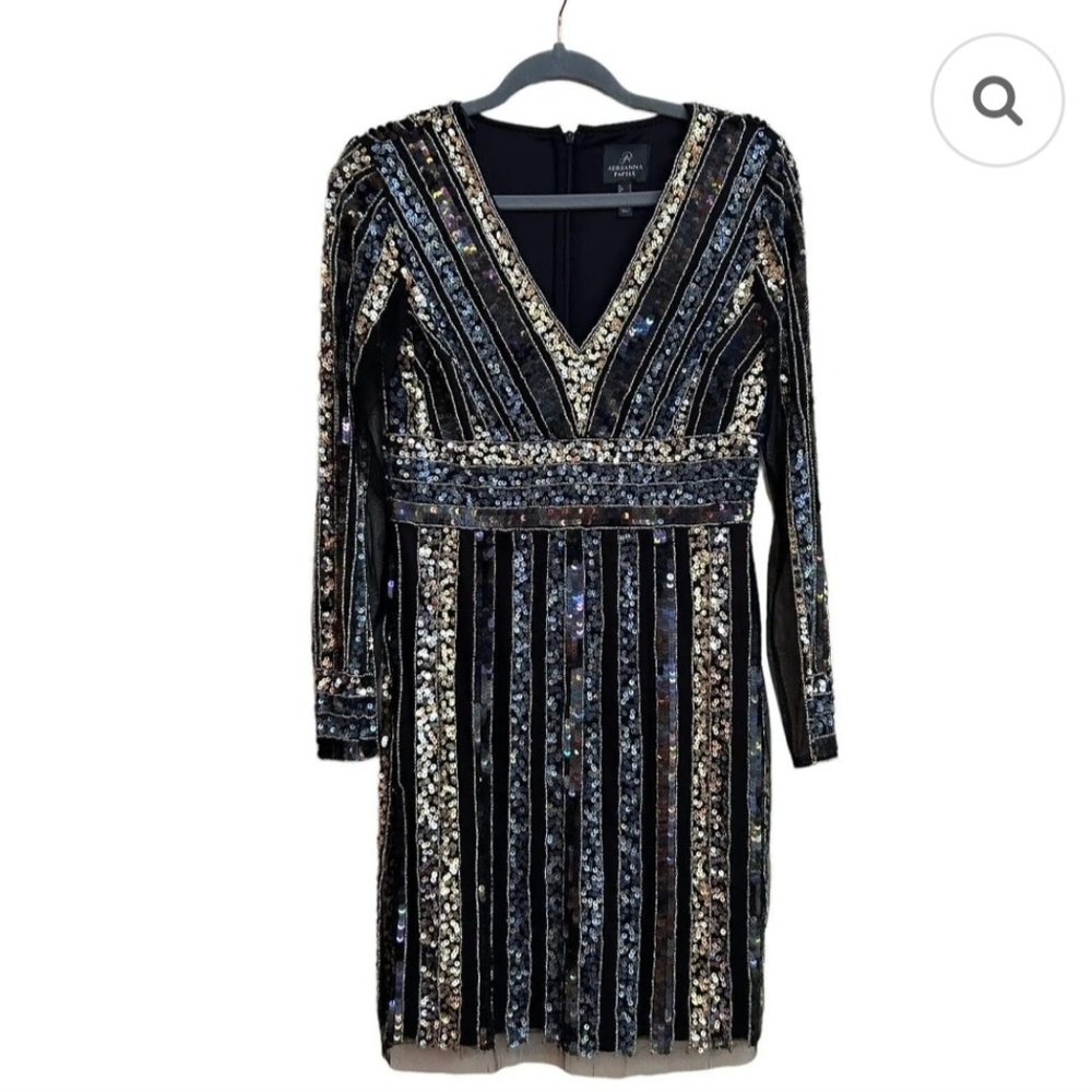 Adrianna Papell Black and Gold Sequin V-Neck Long Sleeve Dress